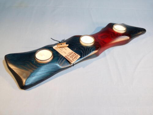 S2, svícen punk, jasan, mořený, modročervený, po použití svíček lze vložit do skleněného kalíšku čaj. svíčky, d - 52 cm, š - 13 cm - 490 Kč